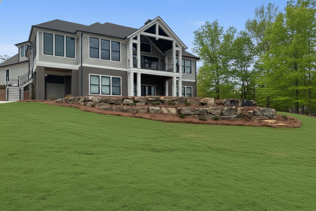 Two story home with green grass yard and boulder retaining wall
