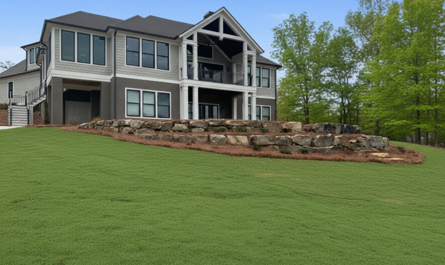 Two story home with green grass yard and boulder retaining wall
